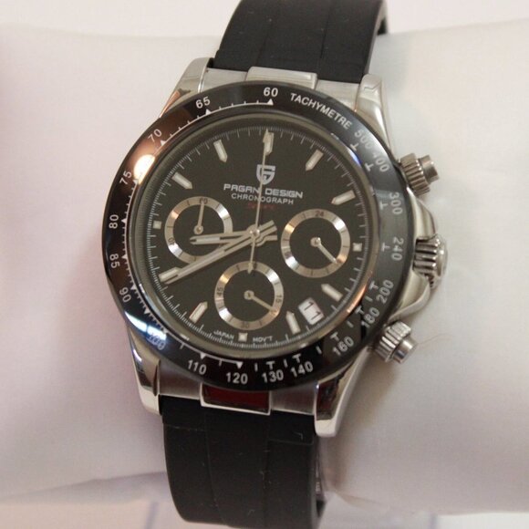 Men's Meca Quartz Chronograph Tachymeter 3 Sub-Dials Date Rubber Strap 40mm - Picture 4 of 15